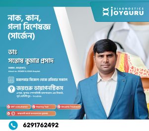 ENT specialist Dr. Santosh Kumar Prasad consultation poster for Joyguru Diagnostics with hearing test and sinusitis treatment services.